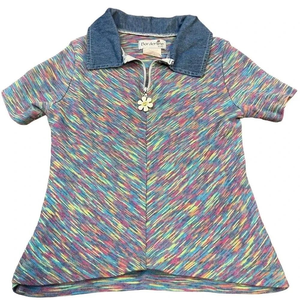 Vintage Borderline Kids Neon Space Dye Top L-14 Girls Chambray Collar Smiley Zip